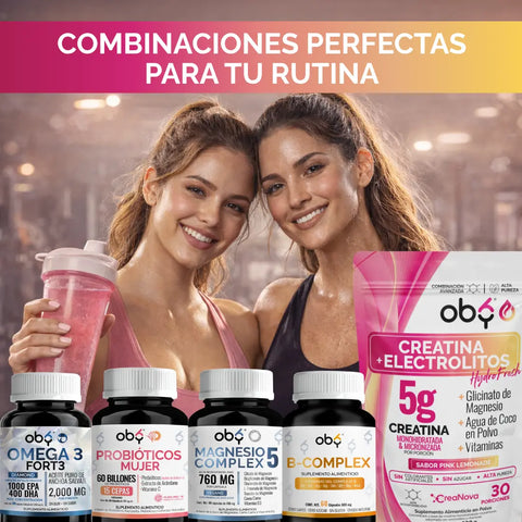 Creatina Monohidratada con Electrolitos | 100% Alta Pureza Micronizada | Glicinato de Magnesio + Vitaminas A, B12, C, D | Suplemento Alimenticio | Oby Pink Lemonade | 30 Porciones oby.mx