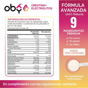 Creatina Monohidratada con Electrolitos | 100% Alta Pureza Micronizada | Glicinato de Magnesio + Vitaminas A, B12, C, D | Suplemento Alimenticio | Oby Pink Lemonade | 30 Porciones oby.mx
