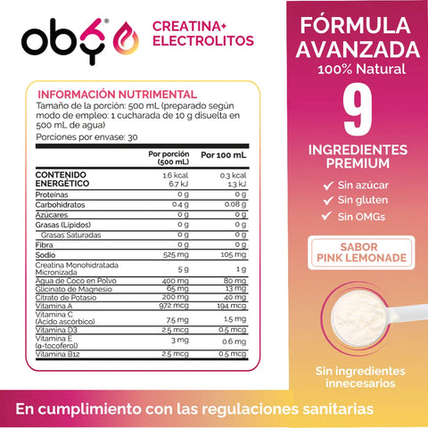 Creatina Monohidratada con Electrolitos | 100% Alta Pureza Micronizada | Glicinato de Magnesio + Vitaminas A, B12, C, D | Suplemento Alimenticio | Oby Pink Lemonade | 30 Porciones oby.mx