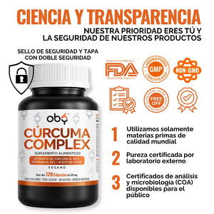 Cúrcuma Orgánica con Aceite de Coco 120 cápsulas oby.mx