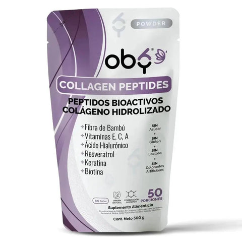 OBY Colageno Hidrolizado Puro Polvo Sin sabor 500 gr | con Acido Hialuronico, Vitaminas, Biotina, Keratina, Resveratrol y Fibra Bambu $̶7̶4̶9̶.̶0̶0̶ oby.mx