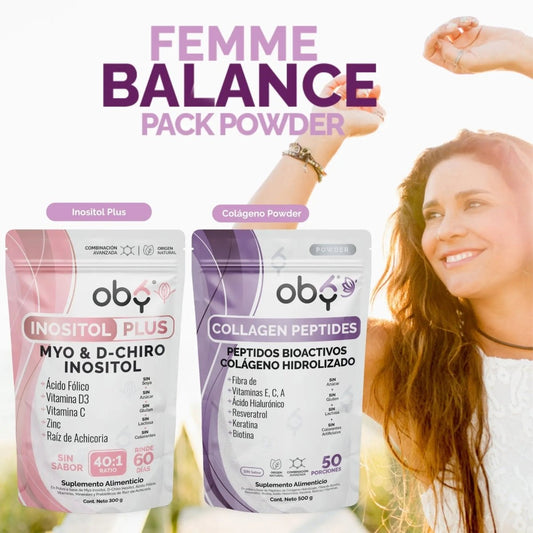 FEMME BALANCE POWDER PACK | Oby Pure Inositol 40:1 + Oby Colágeno Hidrolizado oby.mx