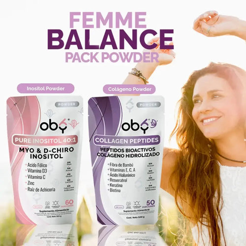 FEMME BALANCE POWDER PACK | Oby Pure Inositol 40:1 + Oby Colágeno Hidrolizado oby.mx