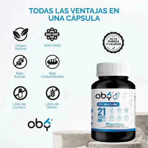 2x1 Solo por 24 Hrs. ¬°OFERTA FLASH! | OBY MULTI HIM Multivitaminico HOMBRE, 21 Vitaminas, Aminoacidos, Minerales y Nutrientes. 120 caps por cada frasco oby.mx