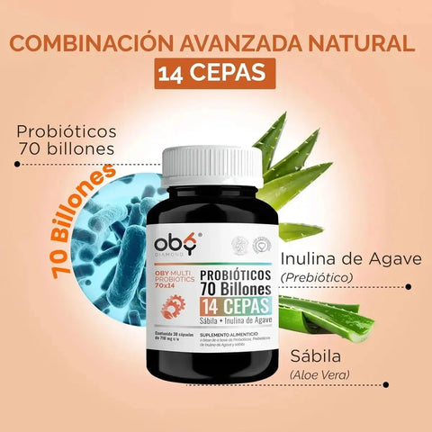 Probioticos 70 Billones de 14 Cepas + Prebioticos Inulina de Agave + Sabila | 30 cápsulas oby.mx