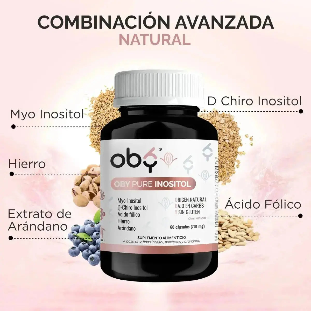OBY Pure Inositol con Myo y D-Chiro Inositol + Ácido Fólico, Hierro y Extracto Arándano | Capsulas $̶3̶9̶9̶.̶0̶0̶ oby.mx
