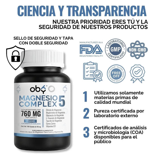 Oby 5 Magnesio Complex 180 capsulas 760mg oby.mx