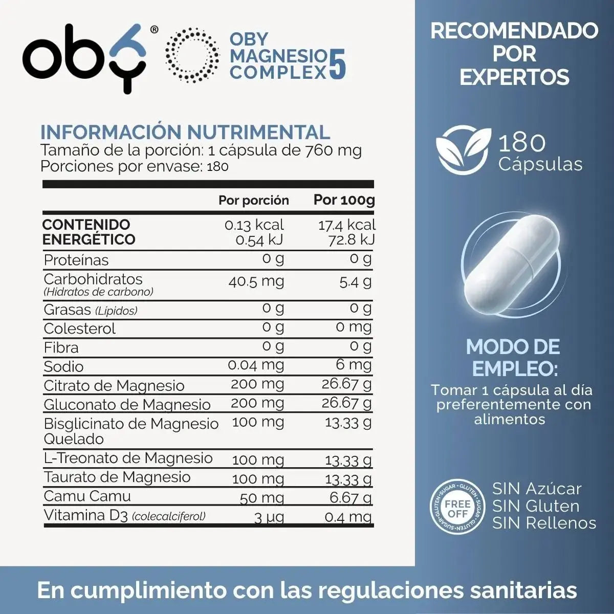 Oby 5 Magnesio Complex 180 capsulas 760mg oby.mx