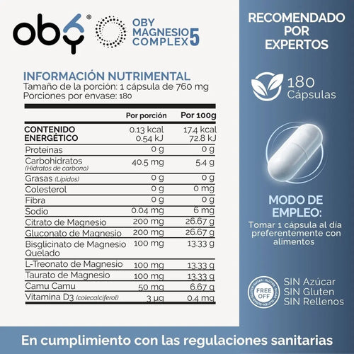 Oby 5 Magnesio Complex 180 capsulas 760mg oby.mx