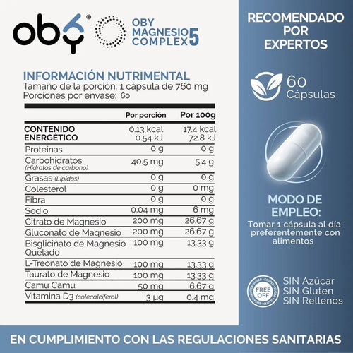 Magnesio Complex 5 OBY | 5 Tipos de Magnesios Premium | Alta Biodisponibilidad | 60 Cápsulas oby.mx