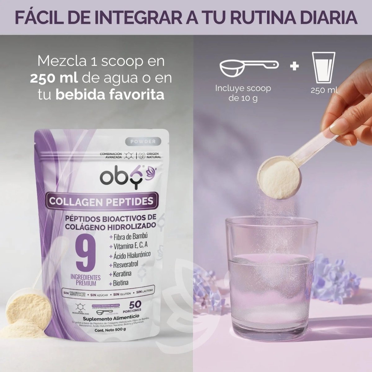Colágeno Hidrolizado con Resveratrol, Biotina y Ácido Hialurónico 50 porciones oby.mx