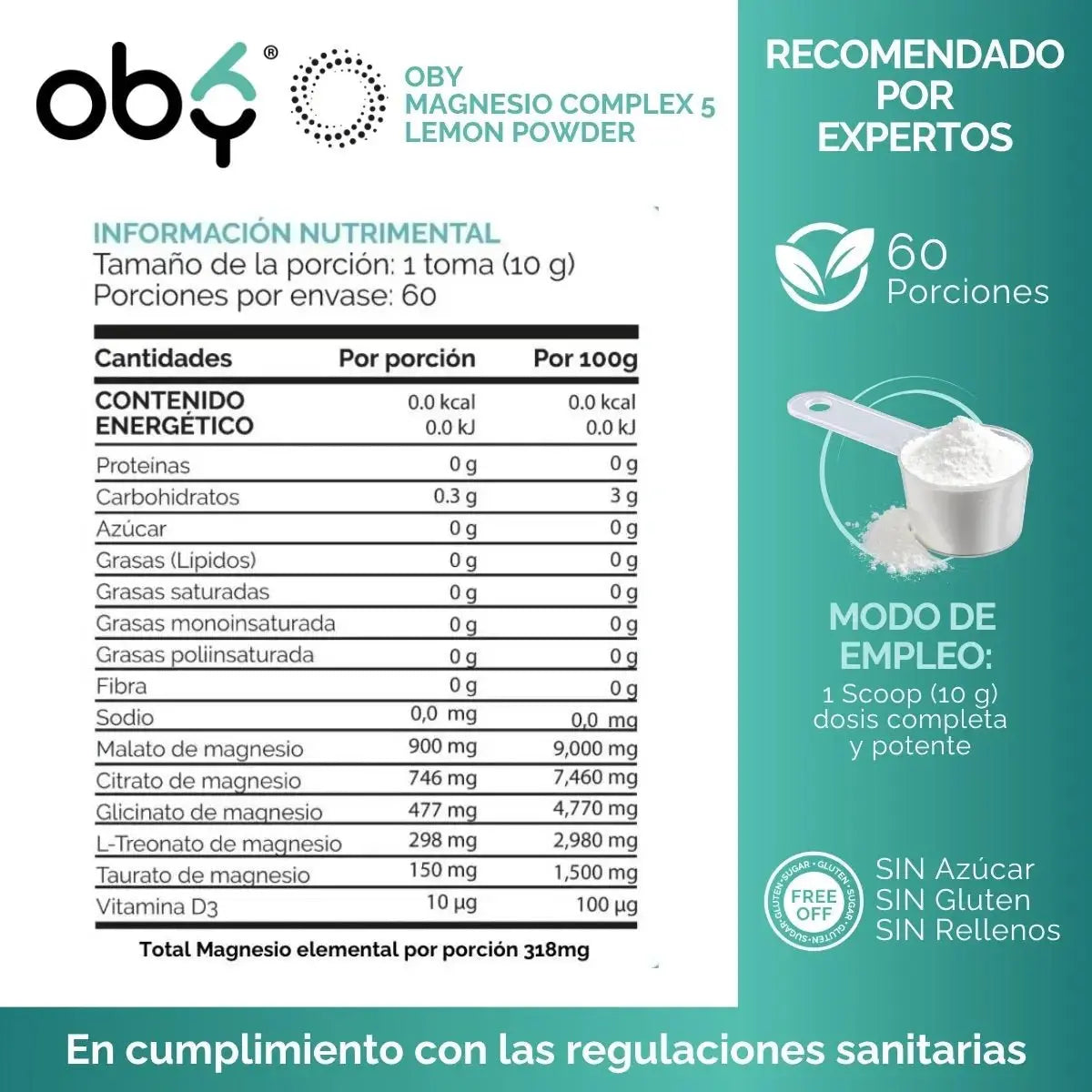 Magnesio Complex 5 Polvo | 5 Magnesios + Vitamina D3 |Sabor Lemonade | 600g oby.mx