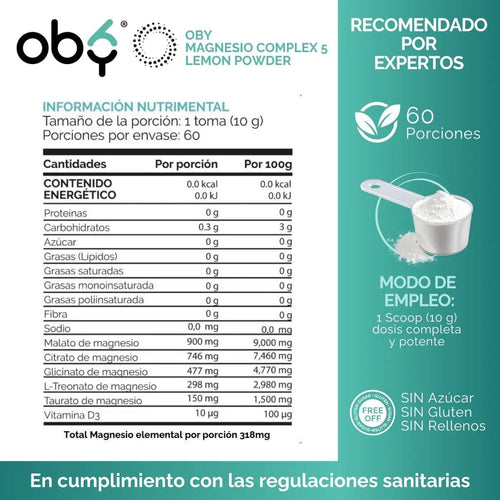 Magnesio Complex 5 Polvo | 5 Magnesios + Vitamina D3 |Sabor Lemonade | 600g oby.mx