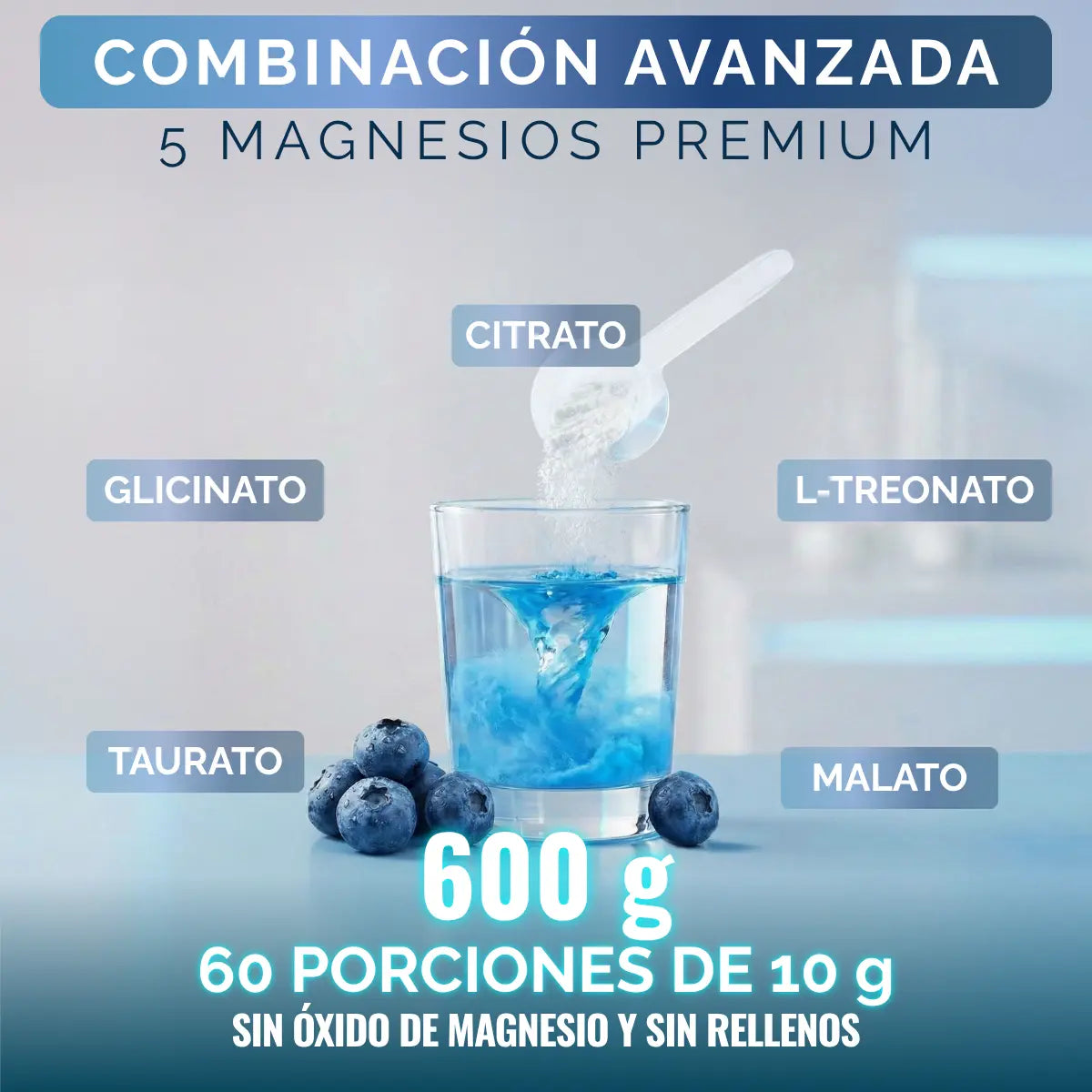 Magnesio Complex 5 en Polvo OBY | Citrato, Glicinato, Treonato, Taurato y Malato | Con Espirulina Azul, D3 y B12 | 600g oby.mx