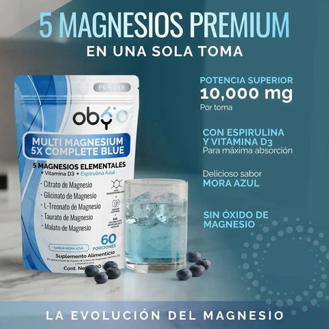 Pack de 6 Pouch: Oby Multi Magnesio Blue | 5 Magnesios + Espirulina azul + D3 | Polvo Sabor Mora azul Fast Bundle