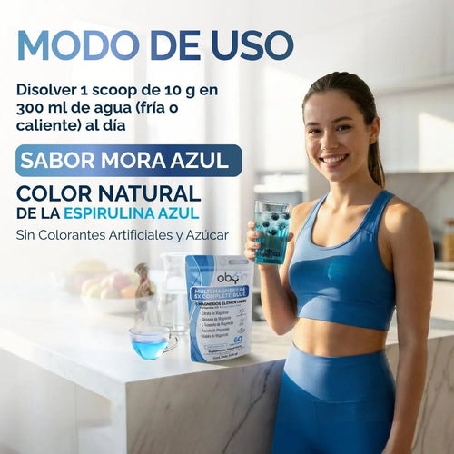 Magnesio Complex 5 en Polvo OBY | Citrato, Glicinato, Treonato, Taurato y Malato | Con Espirulina Azul, D3 y B12 | 600g oby.mx