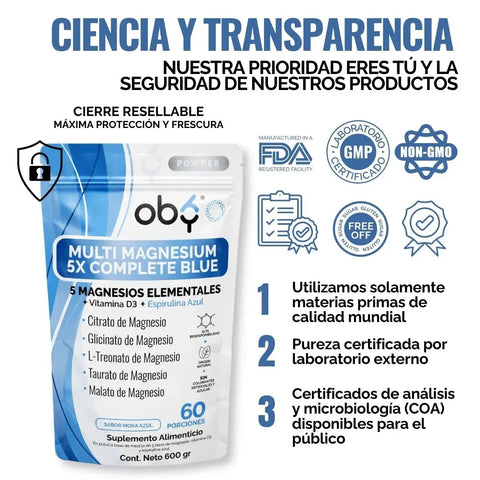 Magnesio Complex 5 en Polvo OBY | Citrato, Glicinato, Treonato, Taurato y Malato | Con Espirulina Azul, D3 y B12 | 600g oby.mx