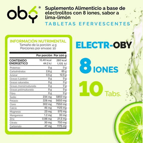 Oby Electrolitos 8 iones | 10 Tabletas efervescentes Sabor Lima Limón | Electroby oby.mx