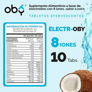 Oby Electrolitos 8 iones | 10 Tabletas efervescentes Sabor Coco | Electroby oby.mx