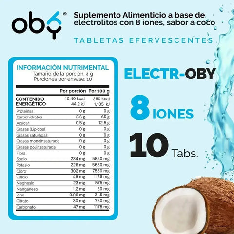 Oby Electrolitos 8 iones | 10 Tabletas efervescentes Sabor Coco | Electroby oby.mx