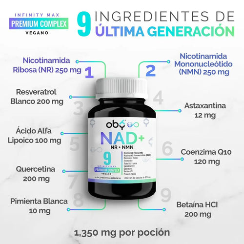 *NAD+ con NMN y NR Premium 9 Ingredientes (60 cápsulas) oby.mx