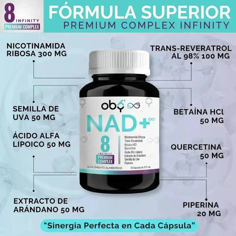 OBY NAD+ Infinity | Potenciado 8 Ingredientes: Nicotinamida Ribosa, Resveratrol | 100% Vegano | 30 Caps  ̶$̶̶8̶9̶9̶ oby.mx