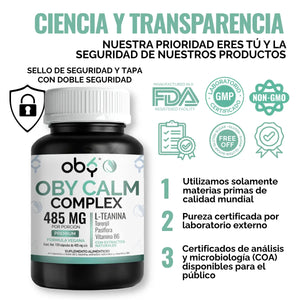 L Teanina con Pasiflora, Toronjil y Vitamina B6 | Oby Calm Complex | Suplemento Alimenticio Mujer y Hombre | 120 Capsulas oby.mx