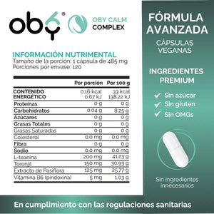L Teanina con Pasiflora, Toronjil y Vitamina B6 | Oby Calm Complex | Suplemento Alimenticio Mujer y Hombre | 120 Capsulas oby.mx