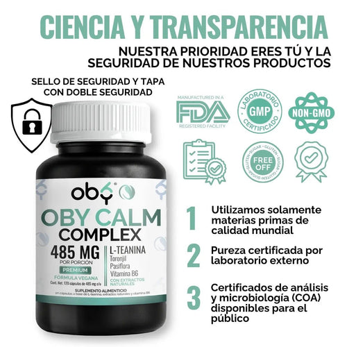 L-Teanina con Pasiflora, Toronjil y Vitamina B6 | Oby Calm Complex | 120 Capsulas oby.mx