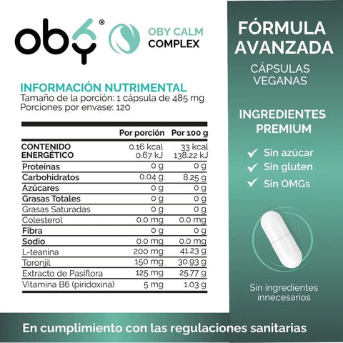 L-Teanina con Pasiflora, Toronjil y Vitamina B6 | Oby Calm Complex | 120 Capsulas oby.mx
