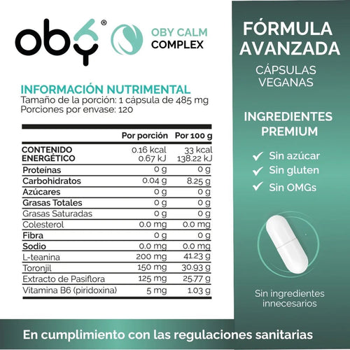 L-Teanina con Pasiflora, Toronjil y Vitamina B6 | Oby Calm Complex | 120 Capsulas oby.mx