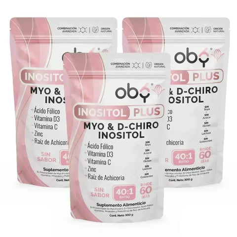 Pack de 3 Pouch: Oby Inositol Plus Myo y D-Chiro Inositol Ratio 40:1 + Acido Folico, Prebioticos, Vitaminas y Zinc | Polvo Sin Sabor Fast Bundle