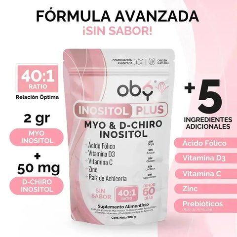 Oby Inositol Plus Myo y D-Chiro Inositol Ratio 40:1 + Acido Folico, Prebioticos, Vitaminas y Zinc | Polvo Sin Sabor oby.mx