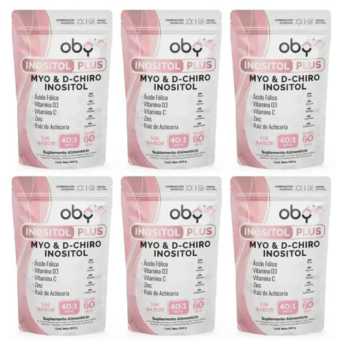 Pack de 6 Pouch: Oby Inositol Plus Myo y D-Chiro Inositol Ratio 40:1 + Acido Folico, Prebioticos, Vitaminas y Zinc | Polvo Sin Sabor Fast Bundle
