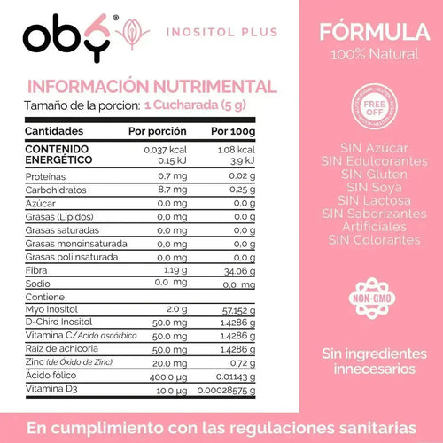 Oby Inositol Plus Myo y D-Chiro Inositol Ratio 40:1 + Acido Folico, Prebioticos, Vitaminas y Zinc | Polvo Sin Sabor oby.mx