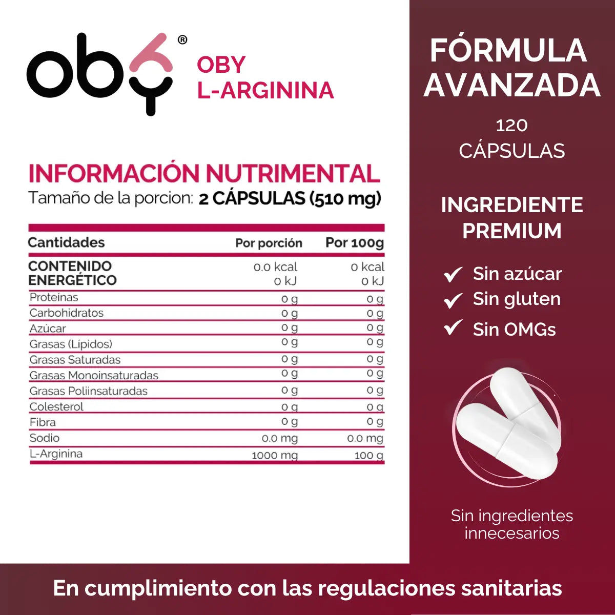 L-Arginina 120 cápsulas oby.mx