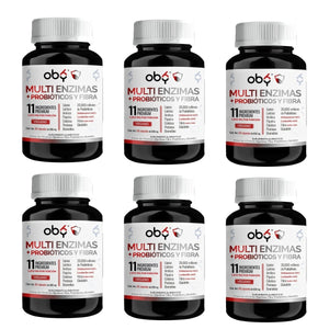 Pack de 6 frascos: OBY Multi Enzimas Digestivas, Probióticos, Glutation, Fibra Psyllium Husk Fast Bundle