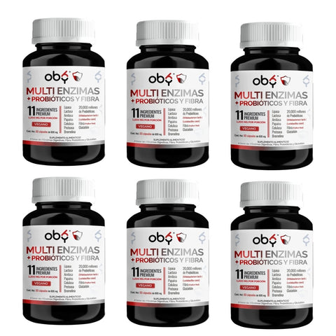 Pack de 6 frascos: OBY Multi Enzimas Digestivas, Probióticos, Glutation, Fibra Psyllium Husk Fast Bundle