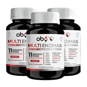 Pack de 3 frascos: OBY Multi Enzimas Digestivas, Probióticos, Glutation, Fibra Psyllium Husk Fast Bundle