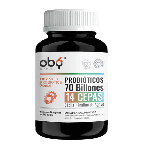 OBY Multi Probioticos Avanzados 70 Billones de 14 Cepas + Prebioticos Inulina de Agave + Sabila | 30 cápsulas oby.mx