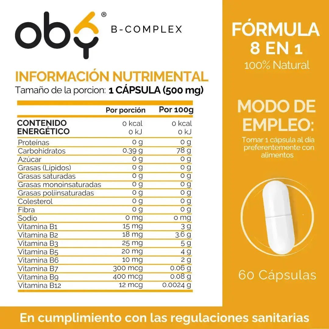 OBY B Complex | Complejo B completo | 60 cápsulas $̶3̶2̶9̶.̶0̶0̶ oby.mx