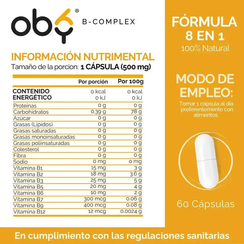 OBY B Complex | Complejo B completo | 60 cápsulas $̶3̶2̶9̶.̶0̶0̶ oby.mx
