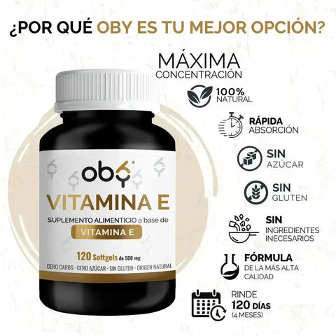 OBY Vitamina E |  Vitaminas para mujer y hombre | 120 Softgels oby.mx