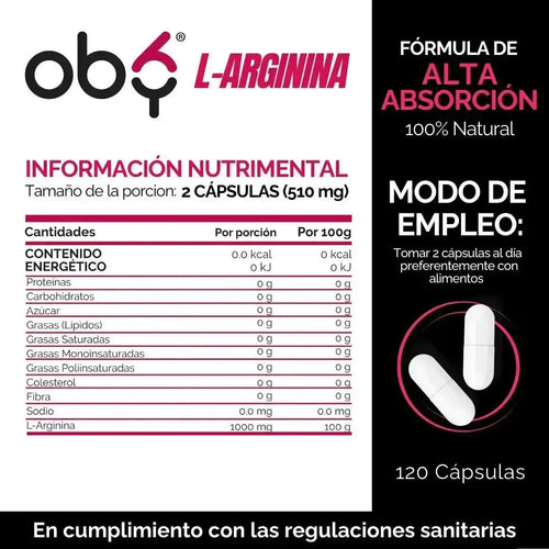 OBY L-Arginina de Alta Pureza | 120 Cápsulas oby.mx