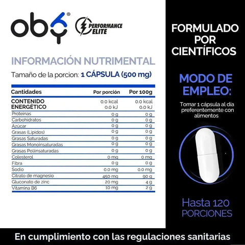 OBY ZMA Zinc, Citrato de Magnesio y Vitamina B6 | 120 Cápsulas oby.mx