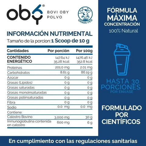 OBY Calostro Bovino en Polvo | 3,000 mg de Calostro por porción oby.mx