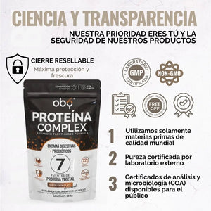 Proteina Complex Chocolate Artesanal | 7 Fuentes vegetales + Probioticos + Enzimas | Alta Absorción y Digestión Ligera Sin Lácteos | Polvo Vegana oby.mx