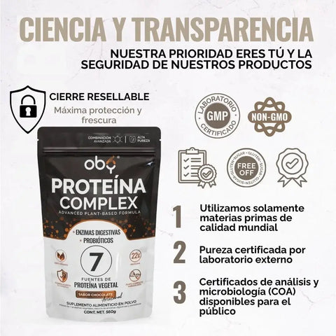 Proteina Complex Chocolate Artesanal | 7 Fuentes vegetales + Probioticos + Enzimas | Alta Absorción y Digestión Ligera Sin Lácteos | Polvo Vegana oby.mx