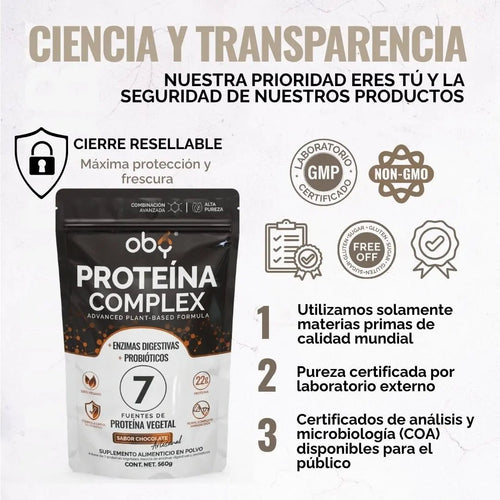 Proteina Complex Chocolate Artesanal | 7 Fuentes vegetales + Probioticos + Enzimas | Alta Absorción y Digestión Ligera Sin Lácteos | Polvo Vegana oby.mx