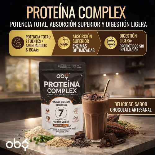 Proteina Complex Chocolate Artesanal | 7 Fuentes vegetales + Probioticos + Enzimas | Alta Absorción y Digestión Ligera Sin Lácteos | Polvo Vegana oby.mx